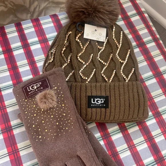 Stay Warm & Cozy NWT UGG Brown Beanie and Gloves with Gold Accents - Picture 8 of 8